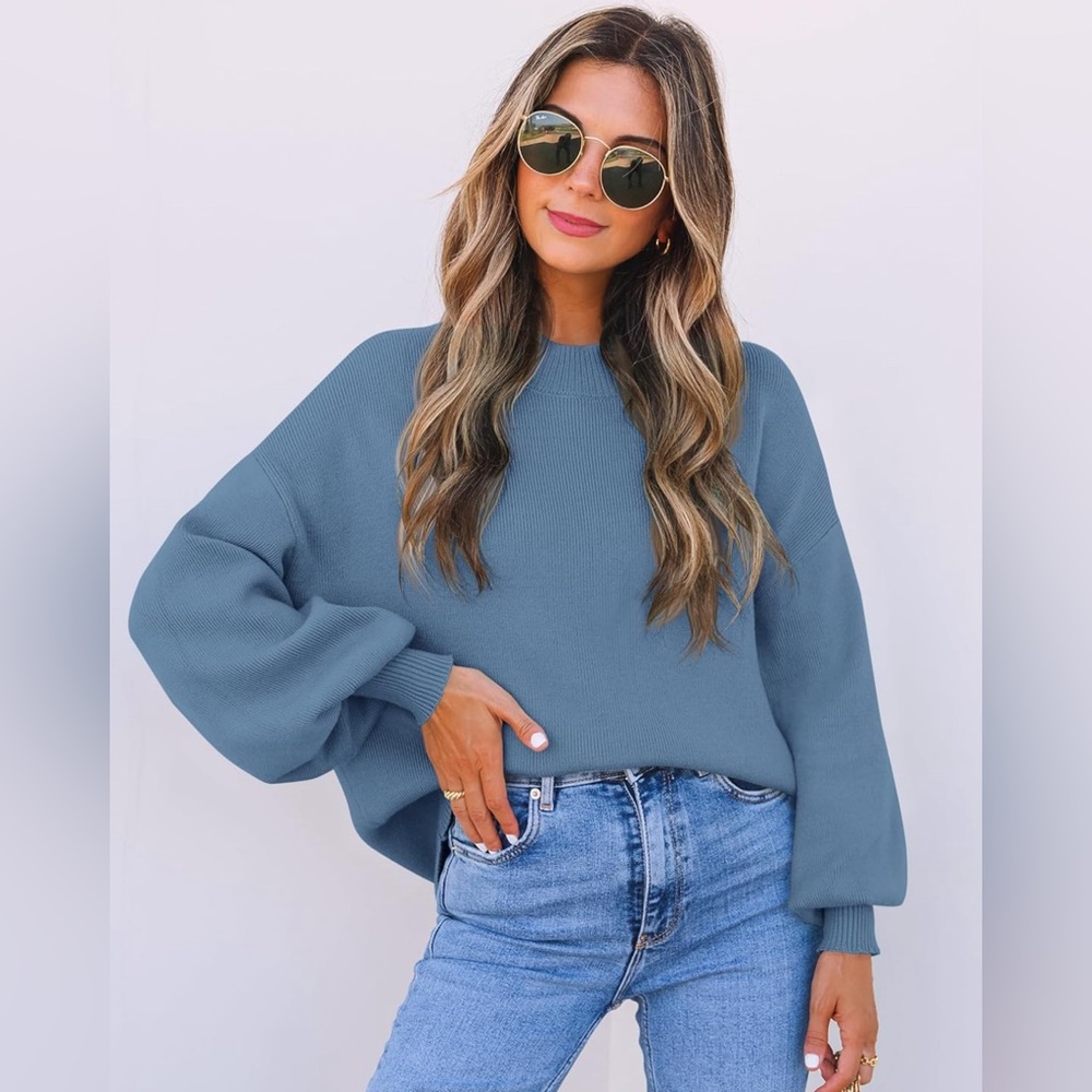 Turtleneck Ribbed Sweater with Lantern Sleeves